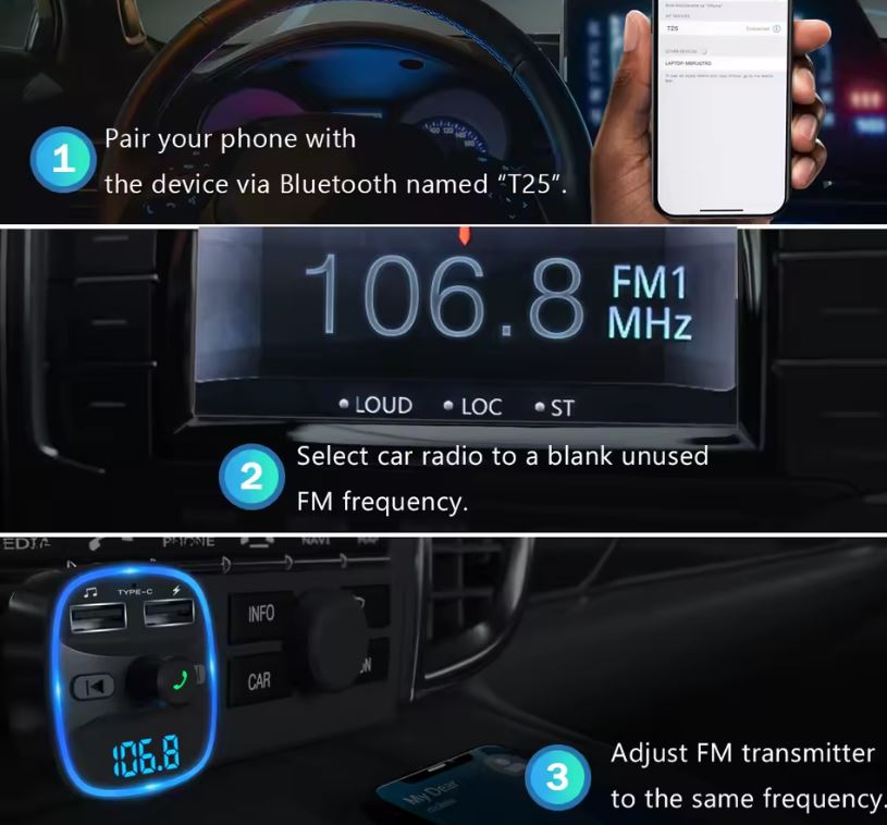 Transmisor FM Bluetooth para coche con cargador USB y manos libres