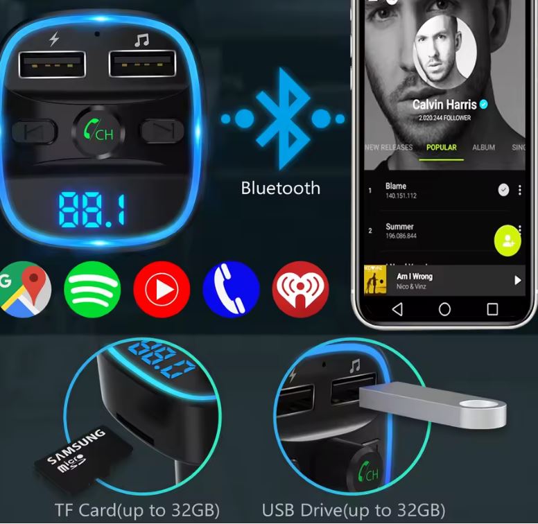 Transmisor FM Bluetooth para coche con cargador USB y manos libres